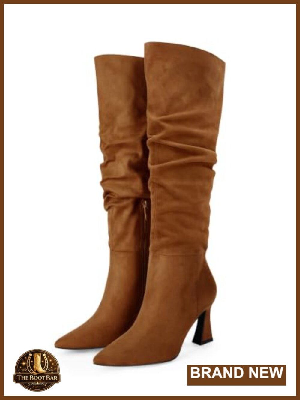 Slouchy Knee High Boots Wide Calf Pointed Toe Side Zipper Chunky Heel Faux Suede